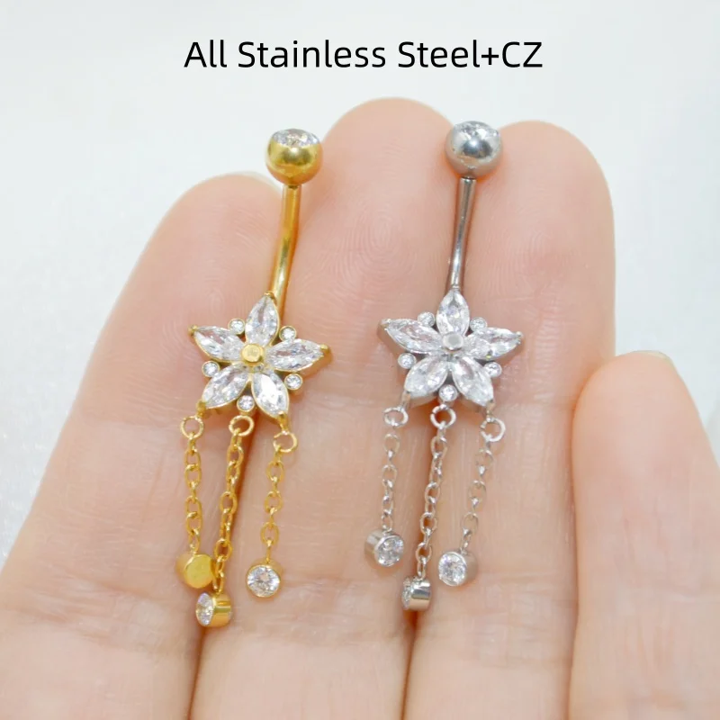 Lot10PCS 14G  Surgical Steel CZ Chain Dangle Navel Belly Button Bar Barbells Body Piercing Jewelry