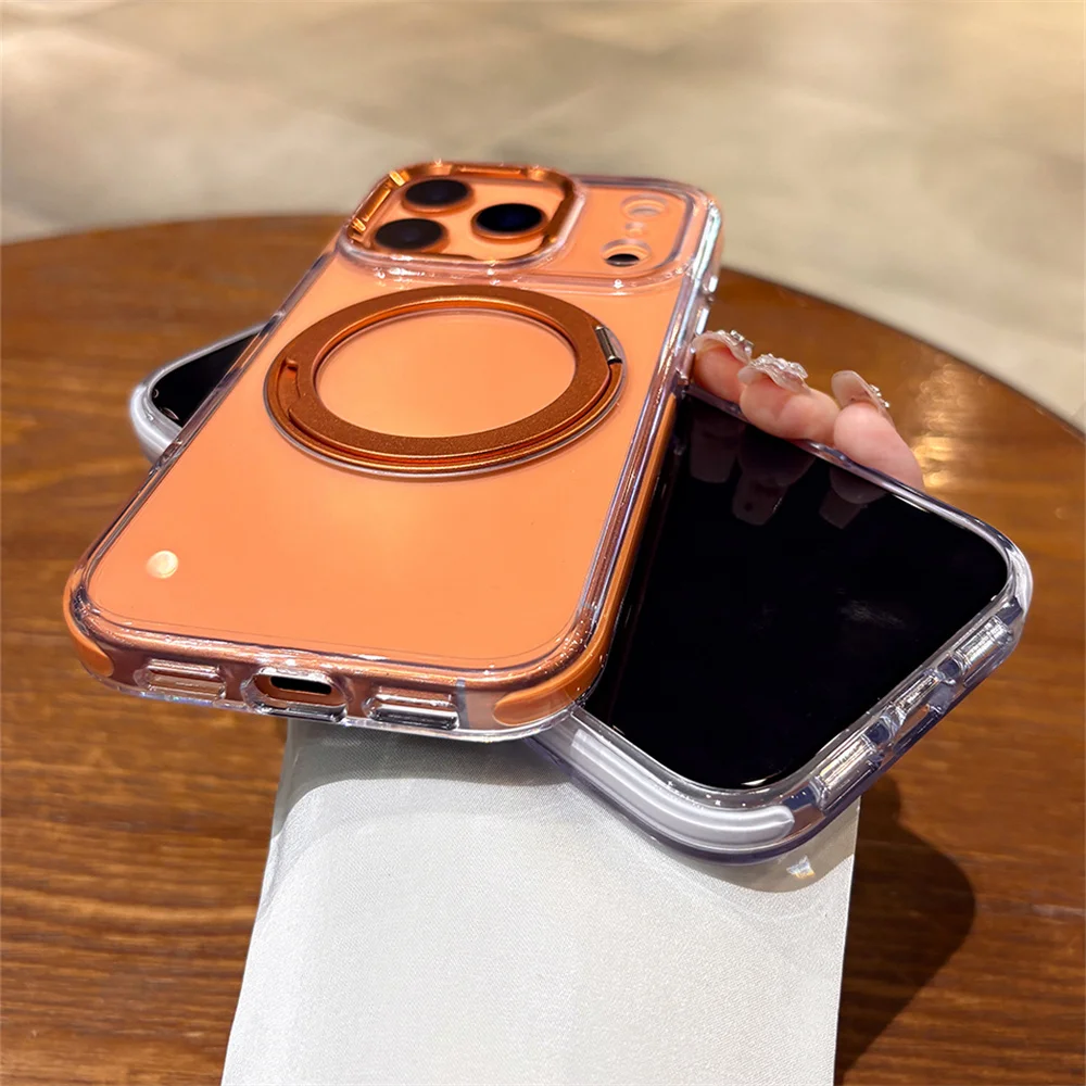 Przezroczyste etui na telefon z magnetycznym uchwytem, wykonane z akrylu i stopu aluminium, do iPhone 15, 16, 17, 18 Pro Max, z obrotowym, składanym uchwytem. — zdjęcie produktu 6