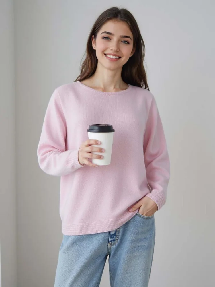 

Women 100% Pure Wool Sweater Spring Autumn Round Neck Loose Long Sleeve Pullover Knitted Sweaters