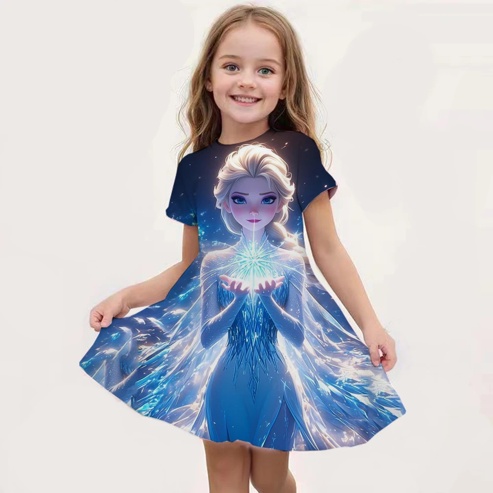 2024 MINISO New Summer Girls Queen Elsa Dress Fashion Cartoon Cute 3D Printing Dress Kid Short Sleeve Princess Frozen Clothing