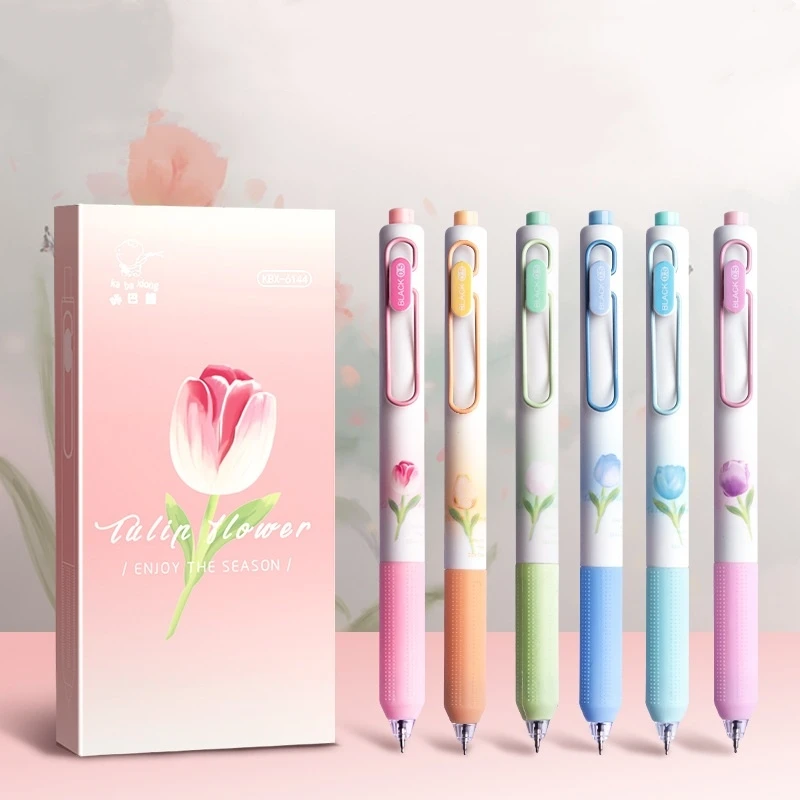 6pcs Tulip Flower Girl Gel Pens Set Floral 0.5mm Ballpoint Black Color Ink for Writing A7437