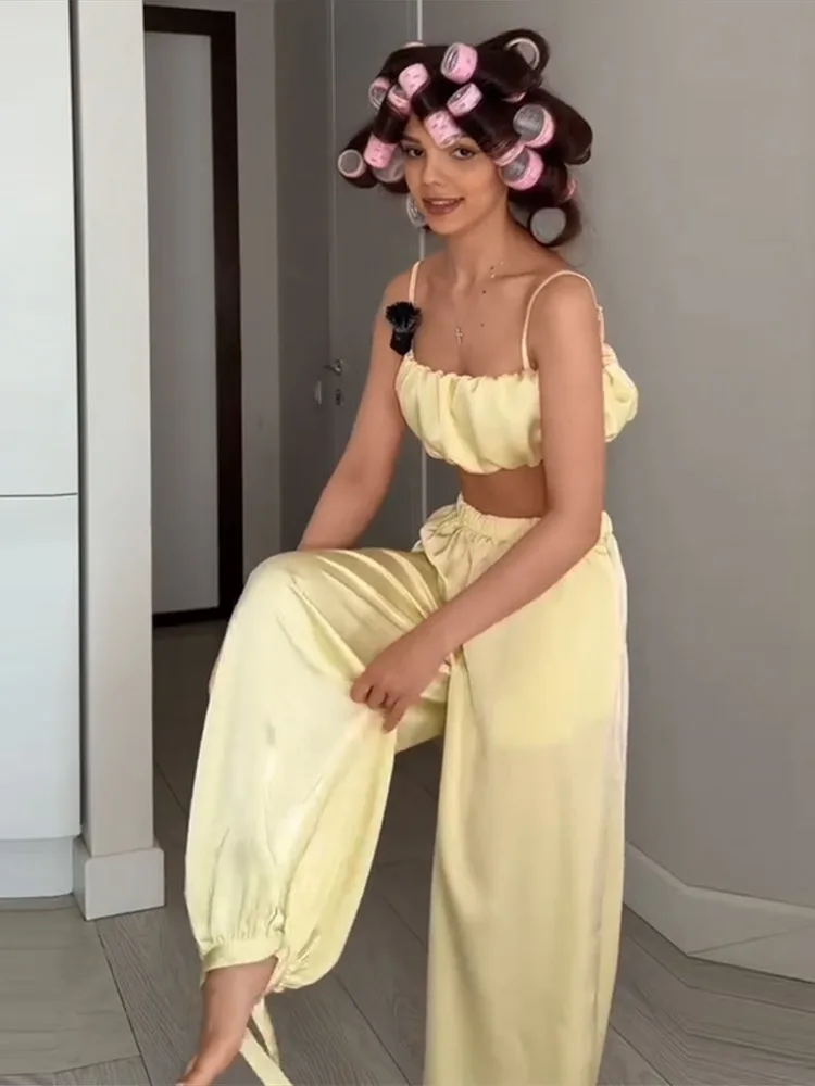 Plissierte kurze Tube-Tops, Hosenanzüge für Damen, sexy Spaghettiträger, ärmelloses, kurzes Top, elastische Taille, Schnürhose, neue Outfits – Detail 12