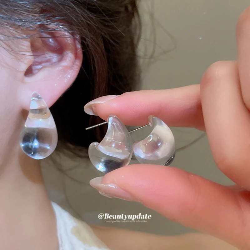 Brincos Femininos de Acrílico com Gota de Água e Agulha de Aço, Estilo Moderno, Personalizados, Tendência da Moda, Elegantes, Transparentes e de Nicho