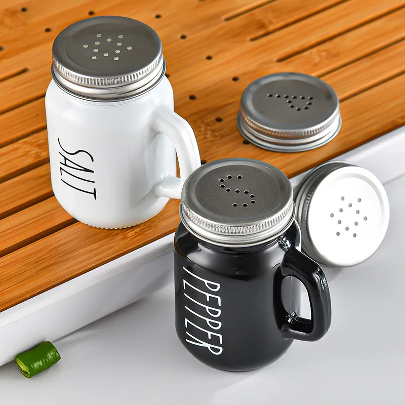 4pcs Glass Seasoning Shaker Set With Handle Stainless Steel Lid Black White Vintag Design Salt Spice Pepper Bottles Kitchen Tool