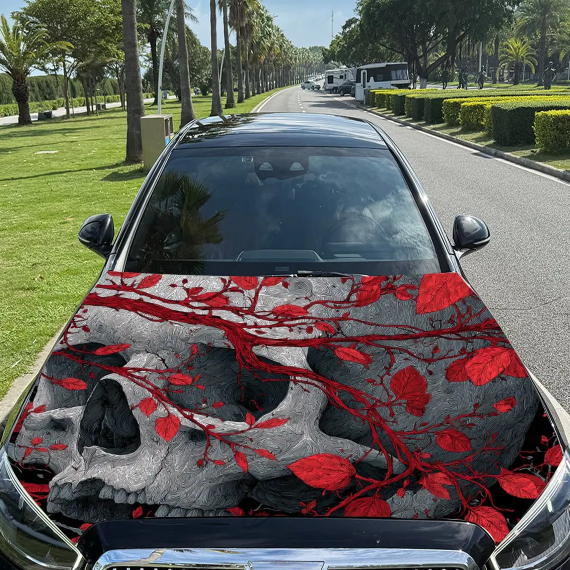 

Car Decals A Skull With Red, Leaf - Like Patterns Around It Car Hood Sticker, Waterproof Self - Adhesive Vinyl Graphics Decals,