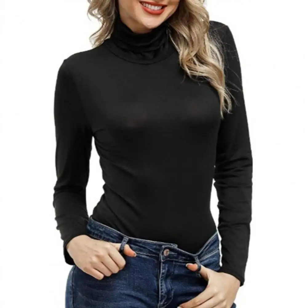 Turtleneck Women Basic T-Shirt Casual Solid Long Sleeved Blouse Tops Slim Fit Stretchy Versatile Tee Shirts Black T Shirt