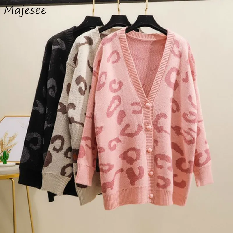 

Cardigan Women Stylish 3XL Loose Leopard Outerwear Chic Autumn Womens Street Wear Sweet Korean Style Warm Fashion Comfortable
