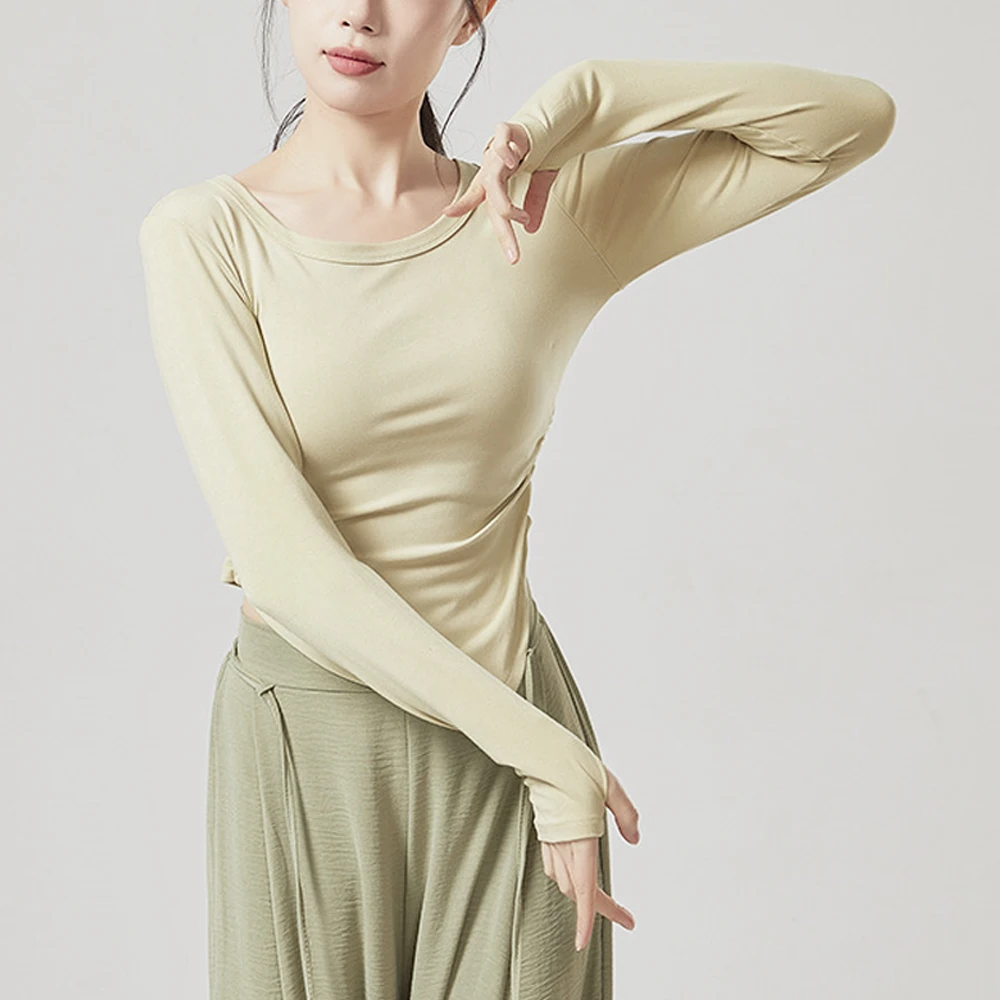 

Новая вязаная эластичная футболка для тренажерного зала, йоги и танцев, спортивные асимметричные тонкие рубашки для девочек, женская одежда, пуловер с круглым вырезом и длинными рукавами, футболки