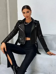 Chaqueta de cuero negro con solapa para mujer, abrigo corto de motociclista, ropa de calle ajustada de manga larga, chaquetas de piel sintética, primavera y otoño