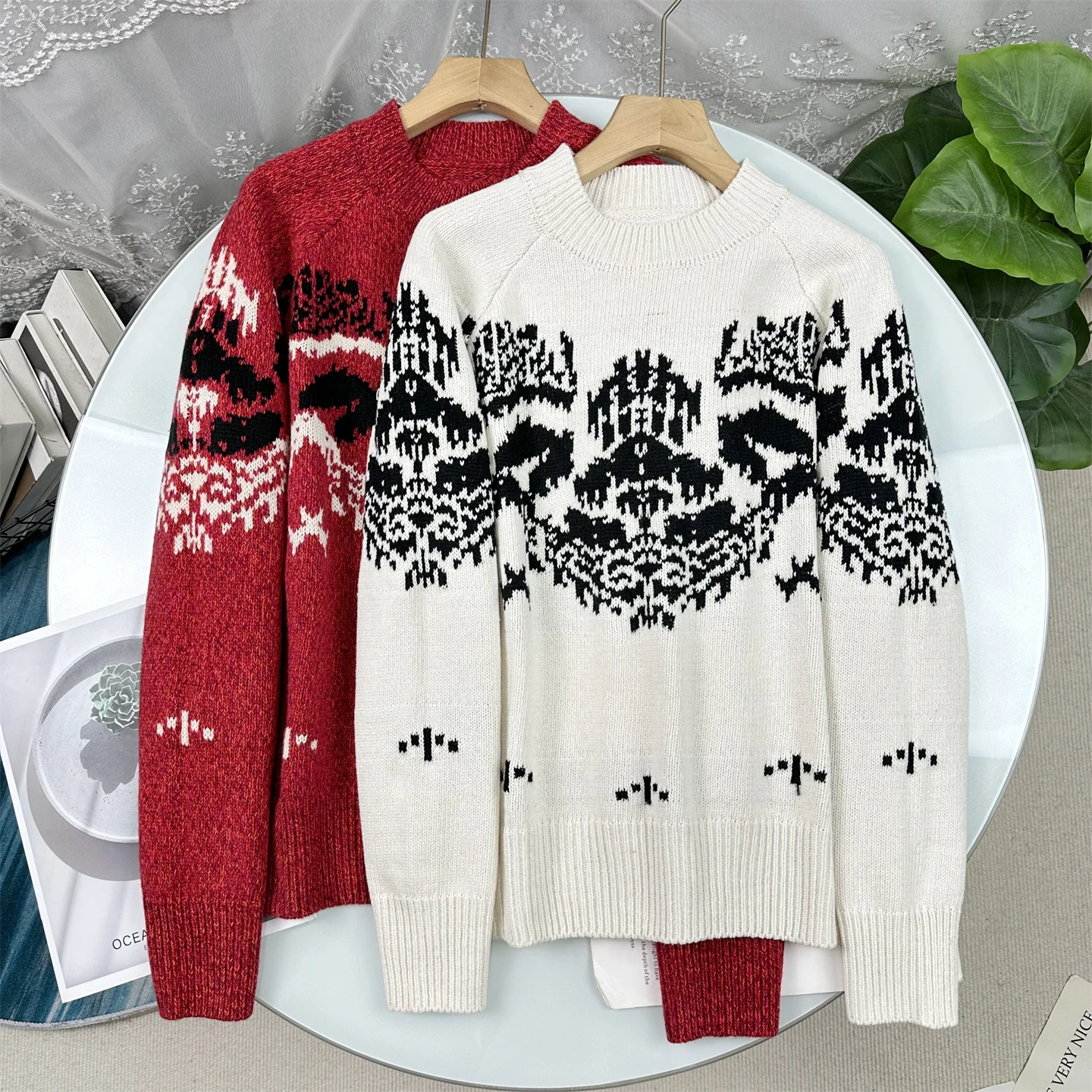 

Красный вязаный свитер Fair Isle женский, универсальный, весна 2026, новый стиль, винтажный, свободный, с длинным рукавом, круглый вырез горловины