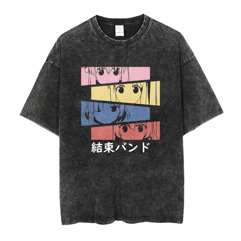 Men T-Shirt Bocchi The Rock Manga Ryo Top Print Vintage T-Shirt Casual Basis O-Collar Black Shirt Short Sleeve Washed T-Shirt