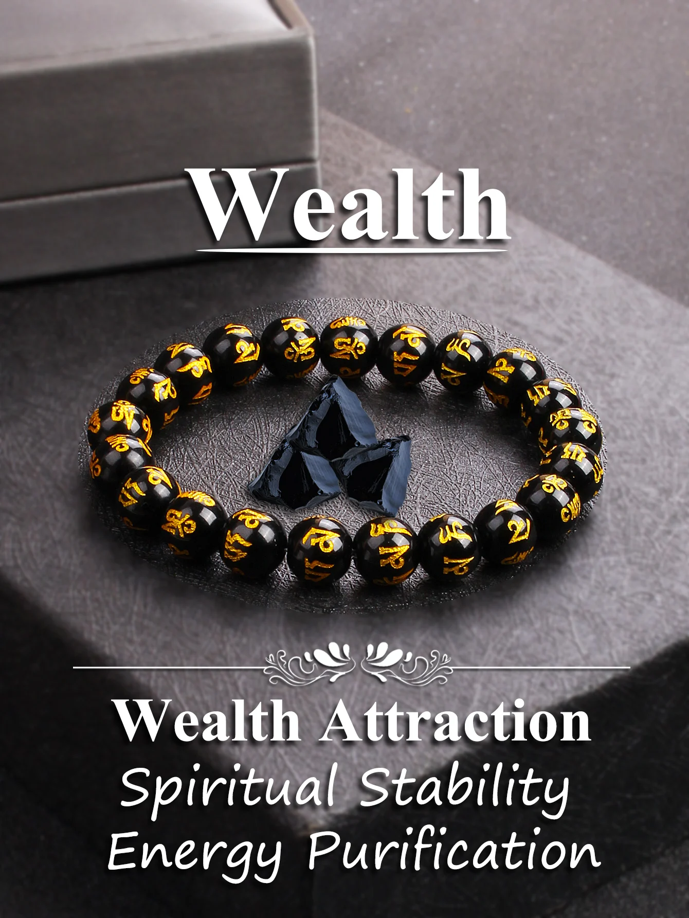 

Black Obsidian Mantra Bead Bracelet - Spiritual Protection, Wealth Attraction & Positive Energy, Natural Healing Stone Jewelry