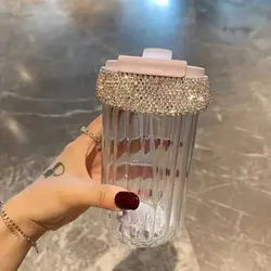 500ML Luxury Diamonds Transparent Glass Cup With Lid Straw Iced Coffee Mug Portable Water Bottle Milk Juice Drinkware Water Cup