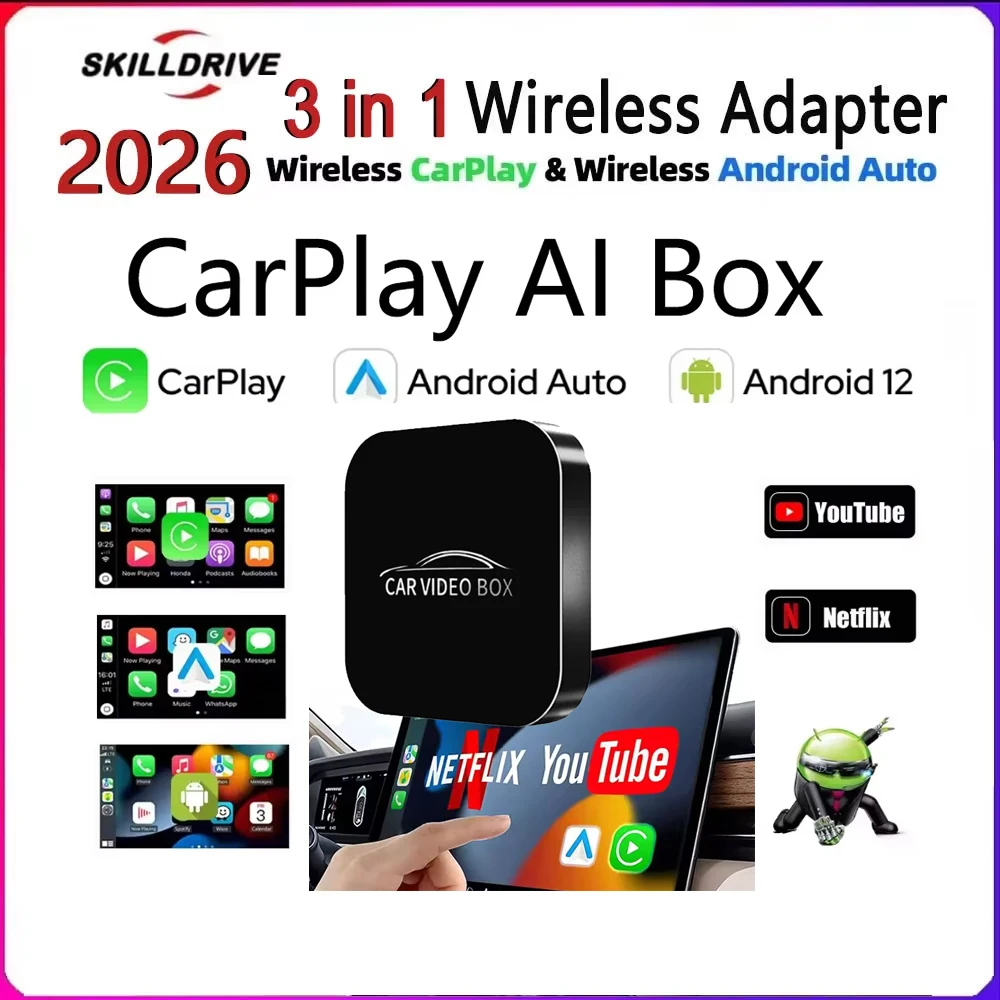SKILLDRIVE 2026 3in1 Wireless CarPlay Adapter Android Auto Convertion Box Wireless Apple Carplay Built-in Netflix YouTube