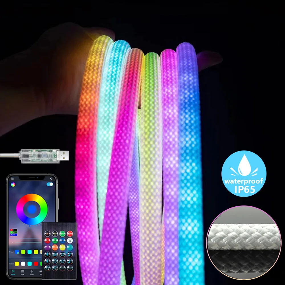 

Светодиодные веревочные фонари 16,4 фута, WS2811 WS2812B IC RGB Неоновая светодиодная лента со светом на 360 градусов, гибкая USB 5 В, IP65, водонепроницаемая, синхронизация музыки