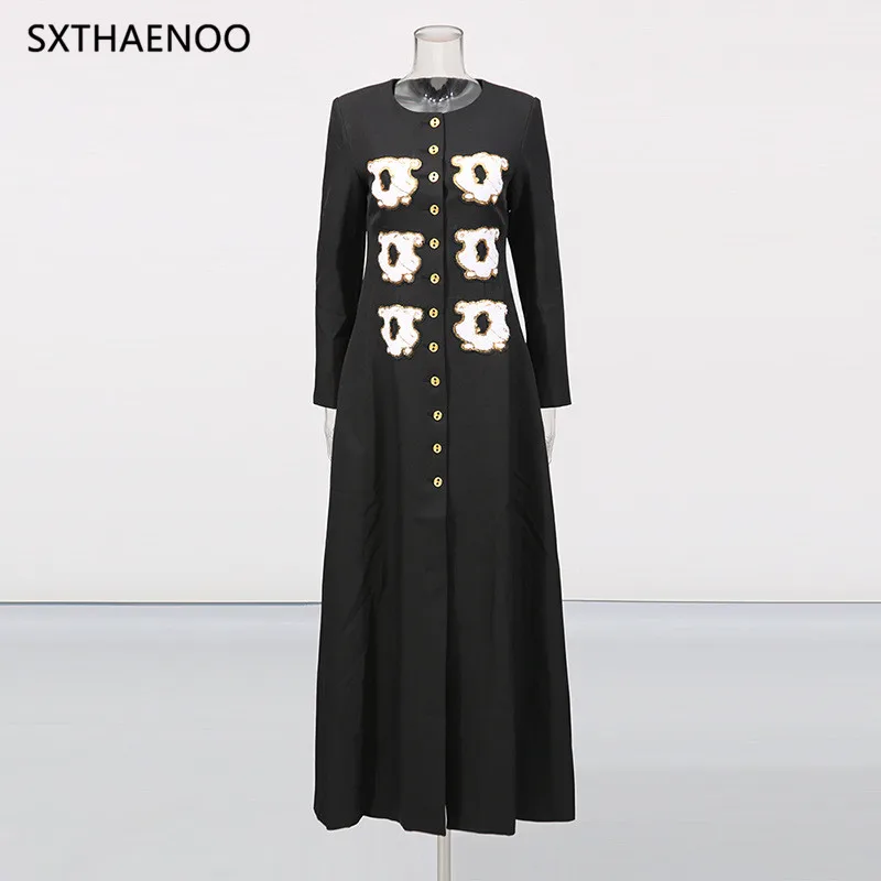SXTHAENOO Personality Pattern Patchwork Long Coat Round Neck Long Sleeve Hit Color Elegnat Jacket Female Fashion Outerwear 2025