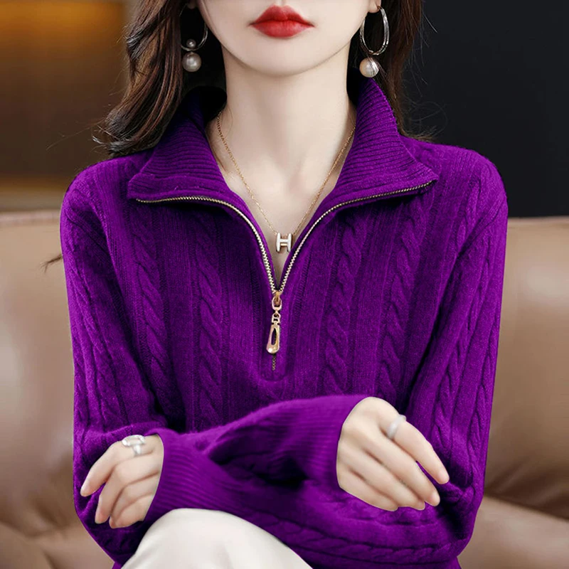 

Fashion Knitwear Woman Half-high Collar Zipper Pure Colour Pullover Sweater New Autumn Winter Loose Leisure Ladies Primer Shirt