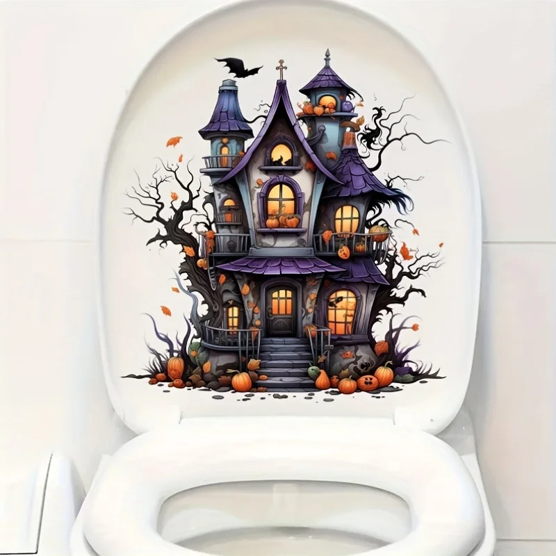 1pc Schloss Kürbis Toiletten aufkleber für Toiletten abdeckung wasserdichtes Vinyl Badezimmer Vinyl Aufkleber Halloween Dekoration Wohnkultur