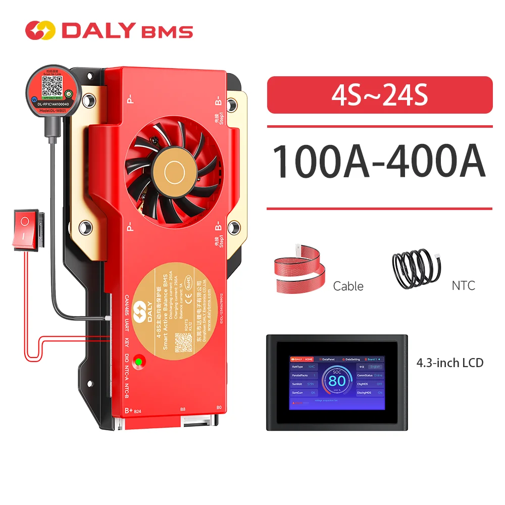 DALY Smart BMS LiFePo4 4S 12V 8S 24V 16S 48V 100A 150A 200A 300A 500A Active Balance 1A BMS with LCD RS485 UART WIFI KEY