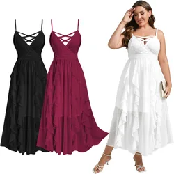 Plus Size Party Dress For Women Lace Ruffles Cirsscross Cocktail Bridesmaid Wedding Guest Maxi Cami Formal Dress Vestido
