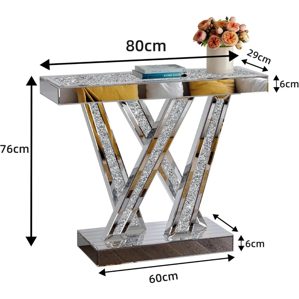 Modern Console Table Mirrored Finished, Glam Style W Silver Entryway Table Inlay with Sparkly Crushed Crystals,  Contemporary