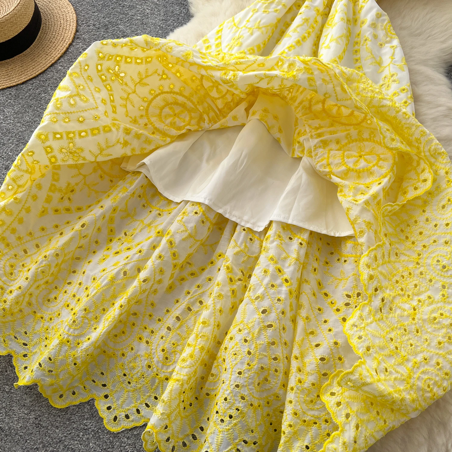 Chic vintage Sexy ruffle hollow out slim Elegant Fairy korean fashion Boho Sundress women clothing Long dress