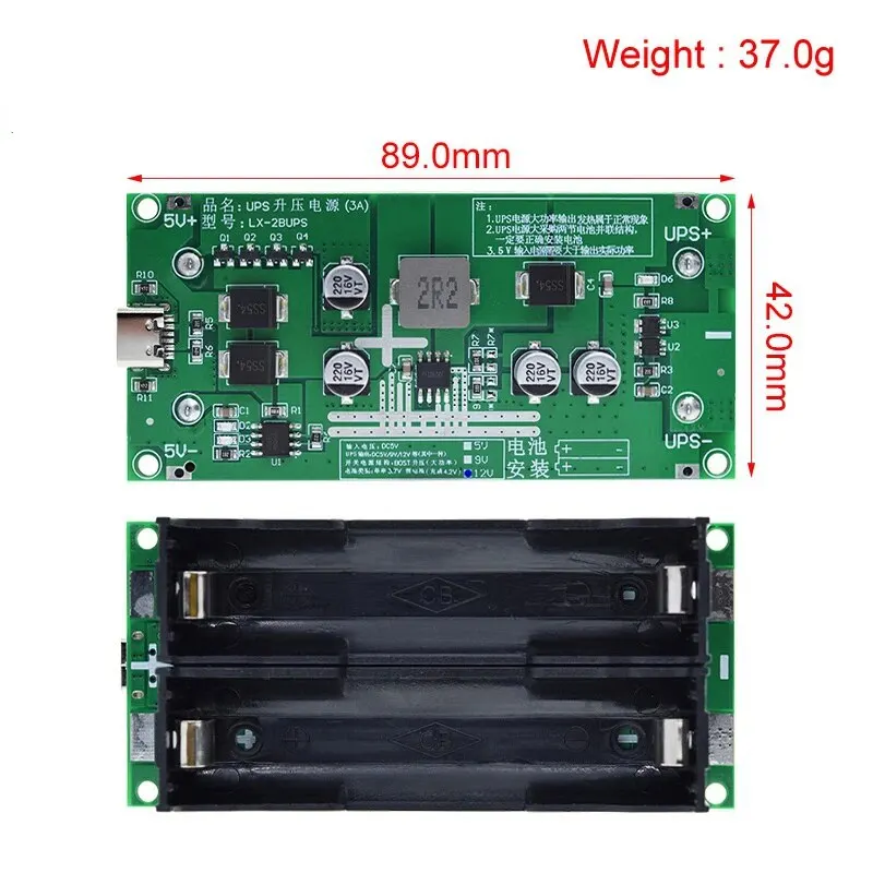 TZT Type-C 15W 3A Fast Charge UPS Power Supply / 18650 Lithium Battery Charger Module DC-DC Step Up Booster Converter 5V 9V 12V