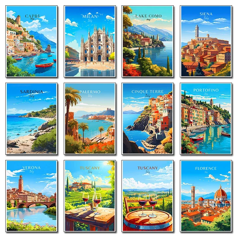 Italy City Travel Poster Paris Rome Milan Tuscany Venice Sardinia Canvas Painting Wall Art Picture for Living Room Home