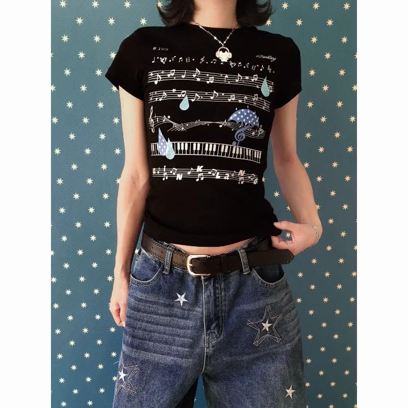 

HOUZHOU Black Cartoon Printed T-shirts Women Y2k Japanese Style Harajuku Short Sleeve T-shirts Anime Crop Tops Aesthetic Summer