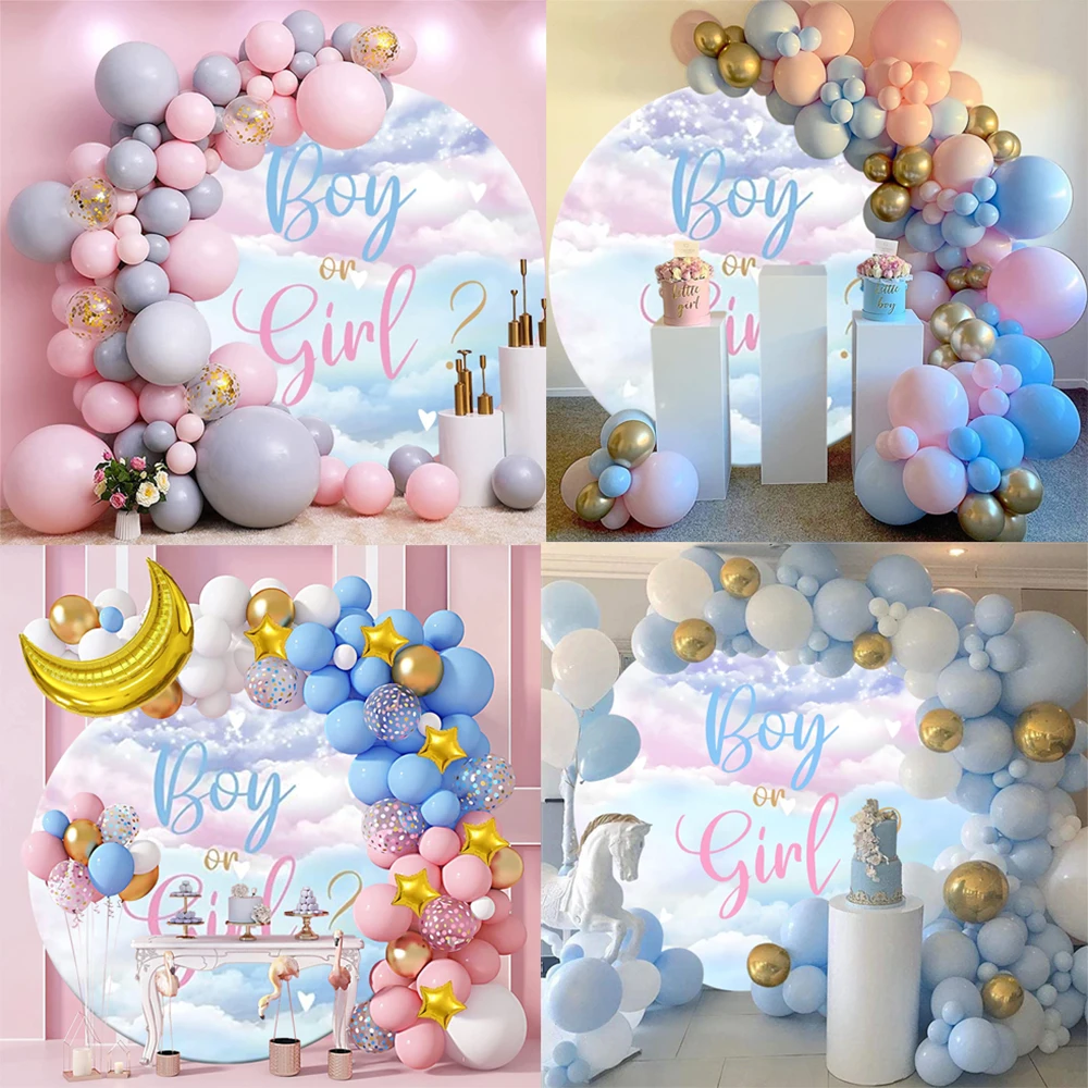 Gender Reveal Round Backdrop For Photography Boy or Girl Bear Elephant Baby Shower Birthday Party Circle Background Photo Studio