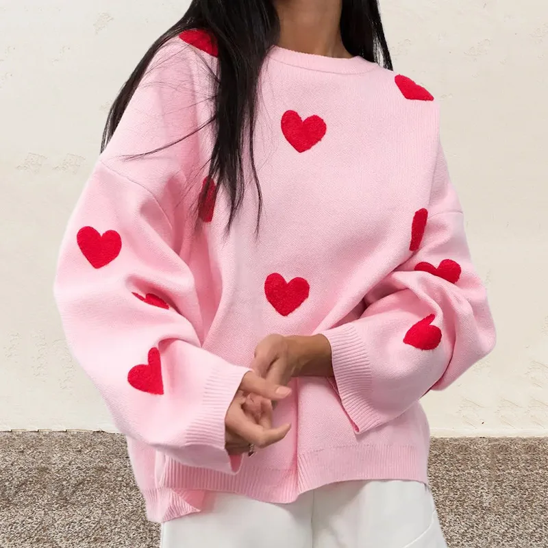 Women\'s Knit Sweaters Sexy Heart Pink Tops Y2K Fashion Sweatshirts Streetswear Thick Warm Korean Fashion Clothes Winter 2023