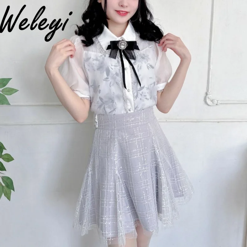 

Japanese Mine Lolita Bow Shirts Ropa De Mujer 2024 Summer New Sweet Mass Produced Doll Cute Lapel Print Blouse Koszule I Bluzki