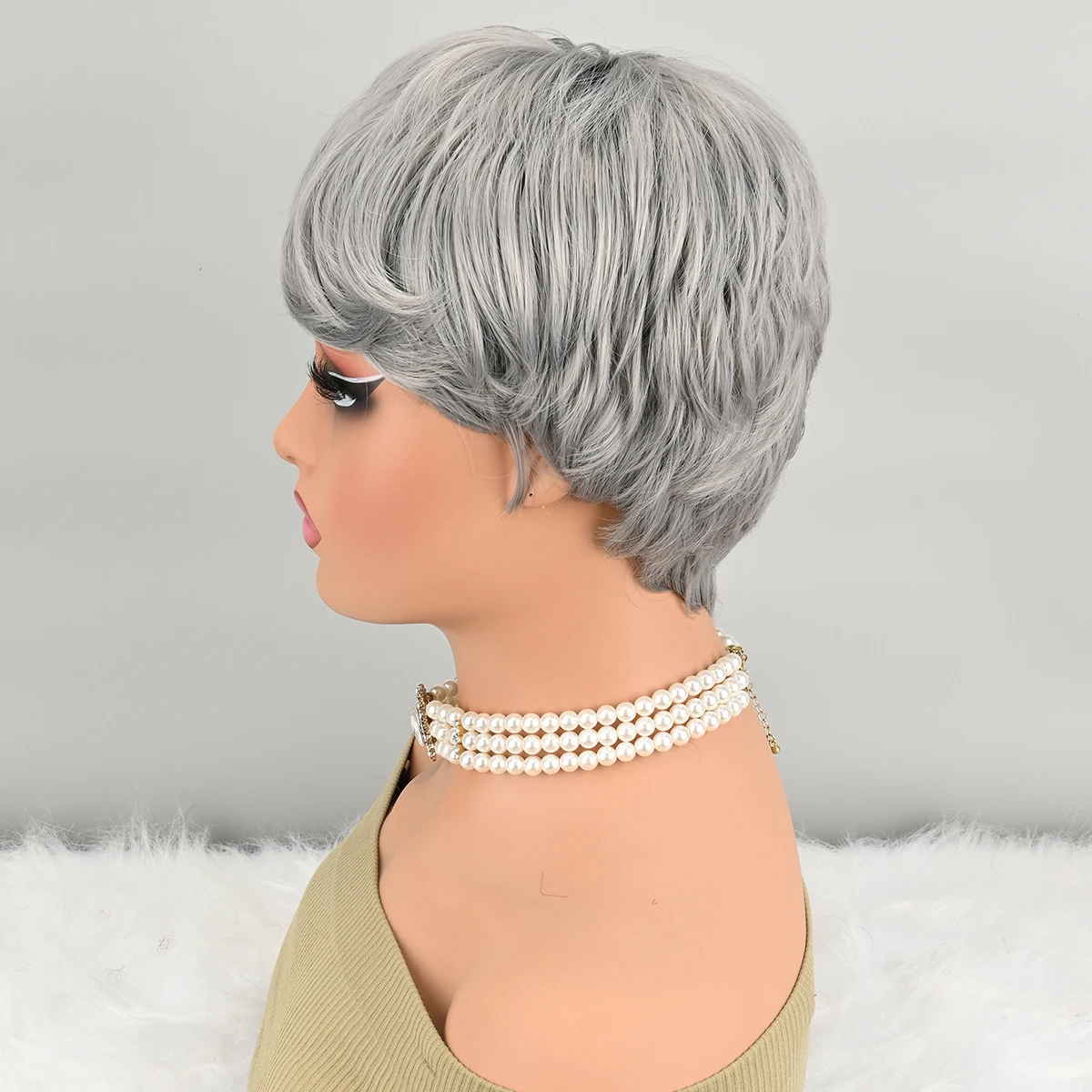 باروكات رمادية للنساء السود، باروكات صناعية قصيرة، باروكات قصيرة مجعدة، شعر قصير مع غرة للنساء ذوات البشرة السمراء، شعر مستعار قصير بيكسي #2