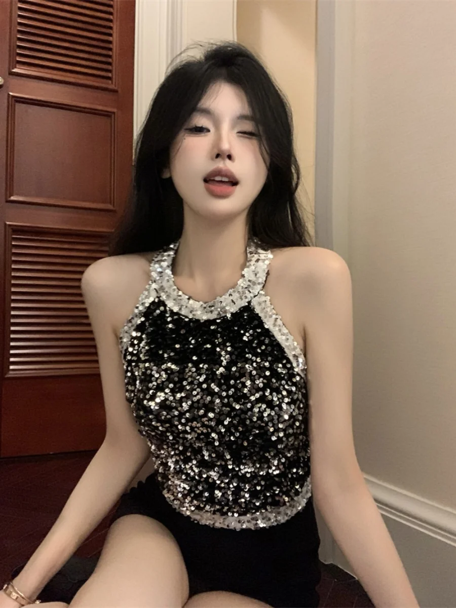 

Ele Bla Sequin ter Top Women's Summer Inner Sweet Spicy ort oulder Bared irt Outerwear Faion Set