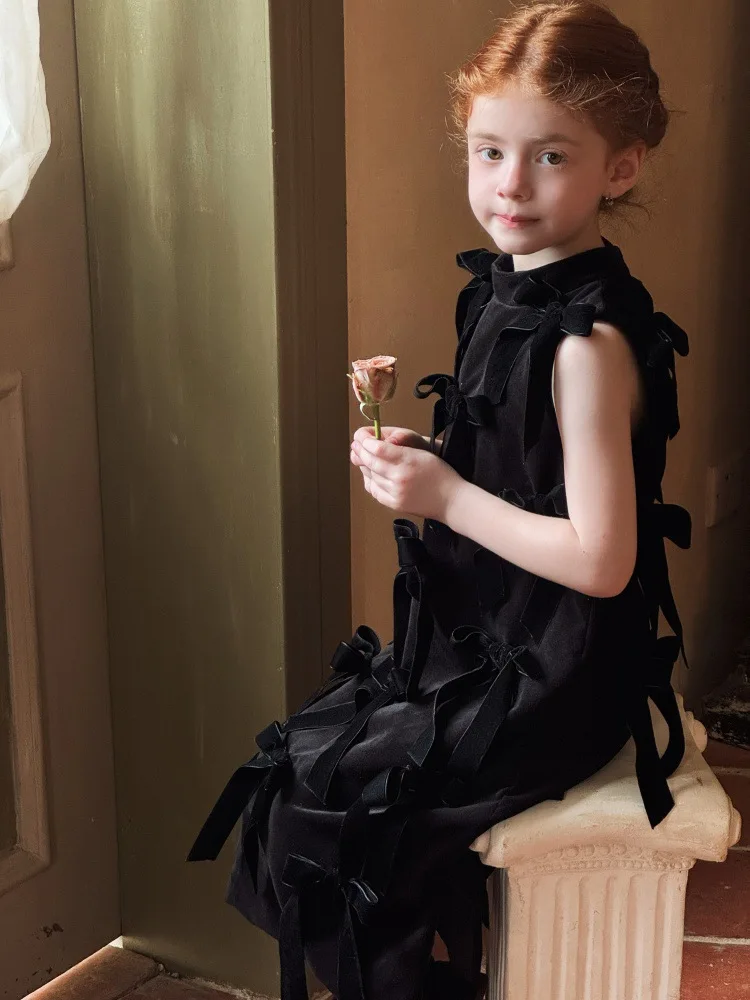 

Toddler Kids Girl Velvet Dress 2025 Autumn 3D Bow Fashion Children Girls Dress Solid Color Little Girls Beautiful Princess Dress