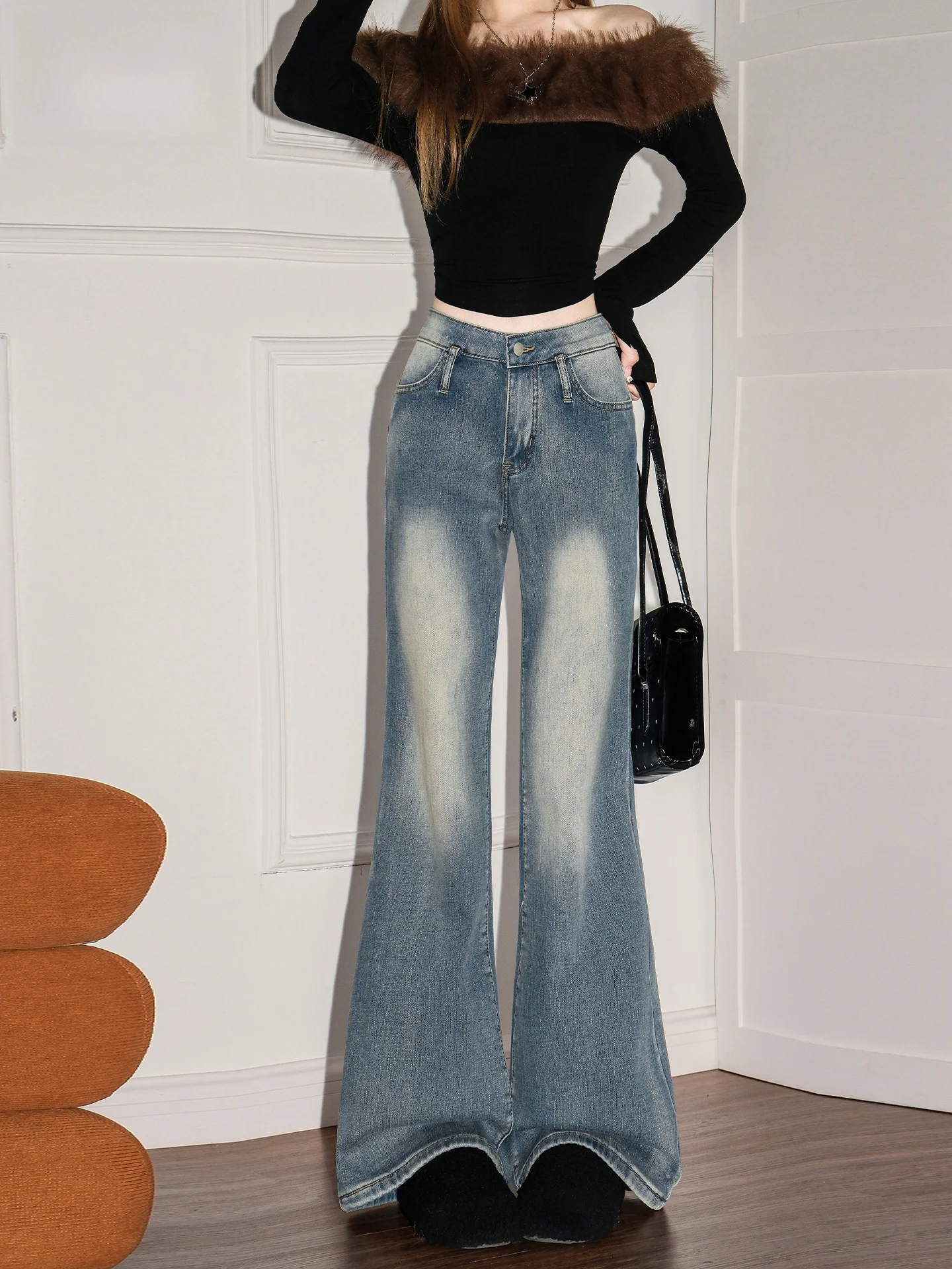 

Ретро-джинсы-клеш синего цвета в американском стиле, со средней посадкой, свободного кроя, женские, зимние, повседневные, из смесового хлопка и полиэстера, джинсовые брюки