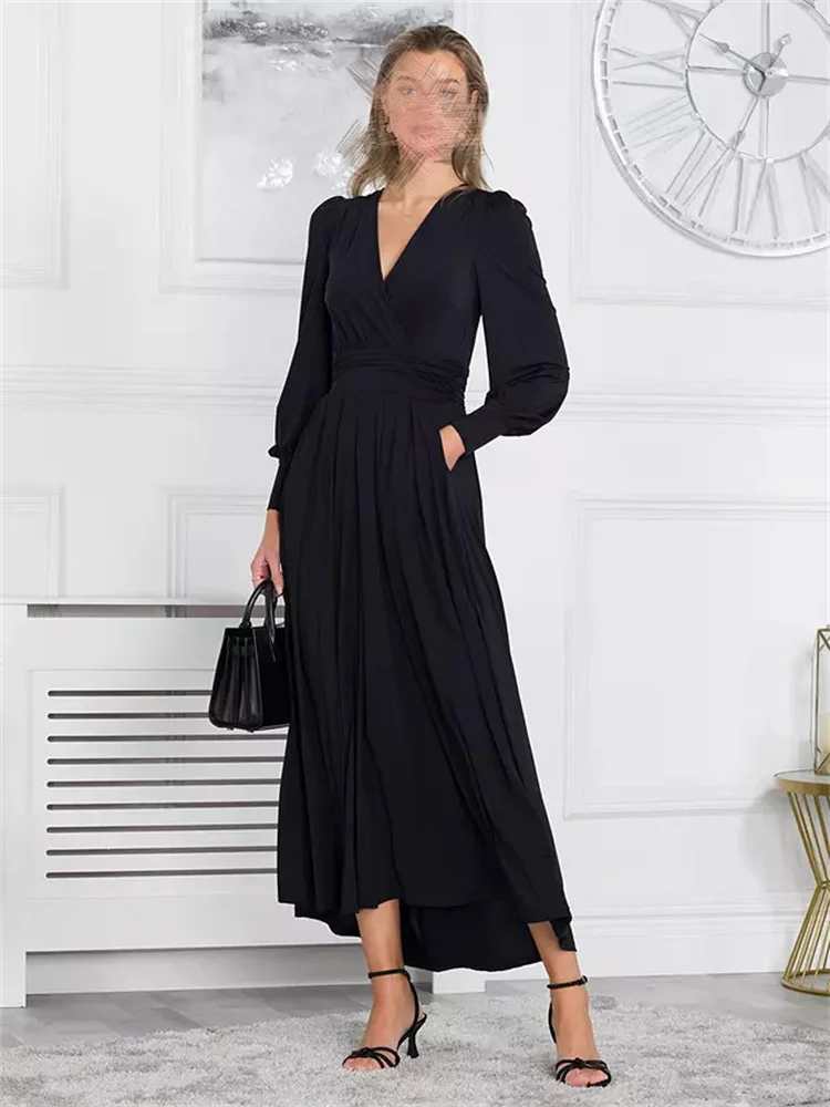 Long Evening Dresses Women Chiffon V-Neck Black Formal Dresses 2024 Full Sleeve Sexy Formal Cocktail Gown New فساتين الحفلات