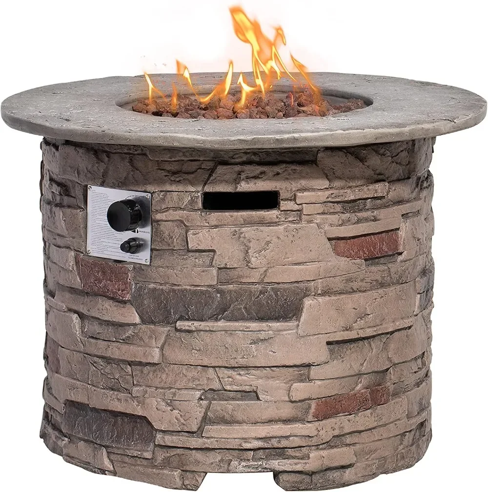 

Outdoor Propane Fire Pit Table,32-inch Imitation Stone Round Concrete Propane Fire Pit with Lava Rocks and Rain Cover 40,000 BTU