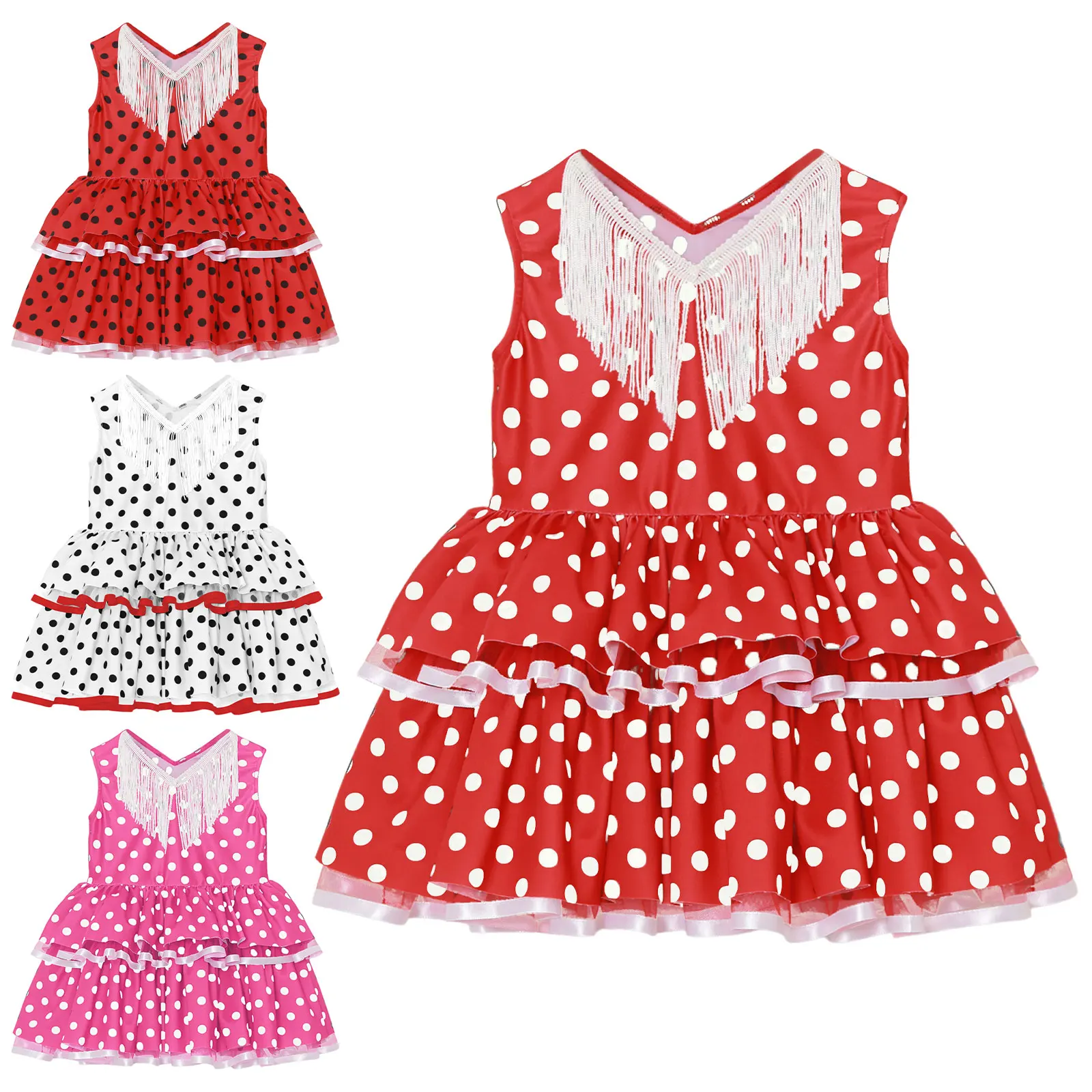 Baby Girls Flamenco Dance Dress Spanish Flamengo Gypsy Bull Performance Costume Sleeveless Tassel Polka Dot Mesh Layered Tutu