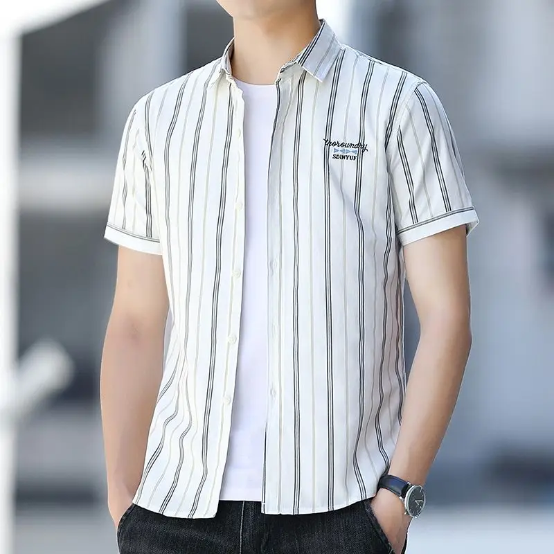 Mens Vertical Striped Short Sleeve Button Down Casual Shirt With Small Embroidery