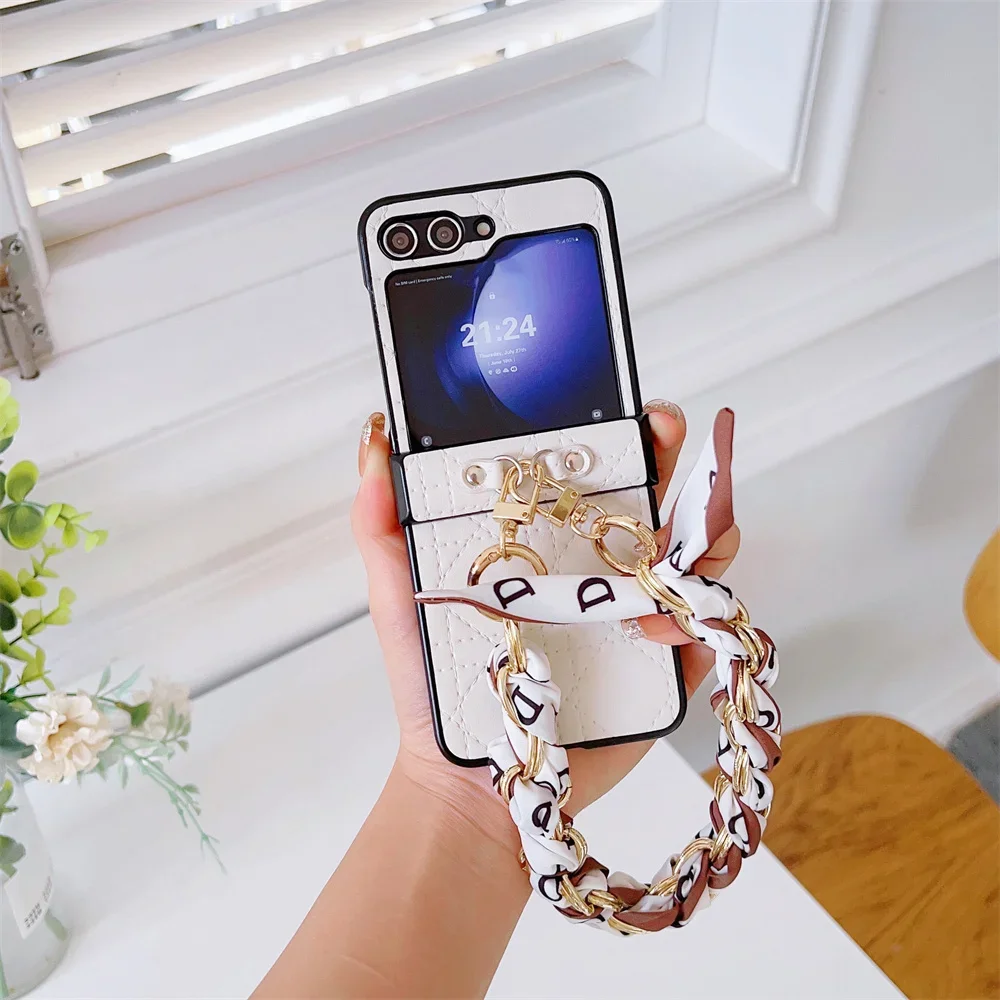 PU Leather Chain Silk Wrist Strap Phone Case for Samsung Galaxy Flip 6 5 4 3 Flip5 Flip4  Flip3 5G Protective Shockproof Cover