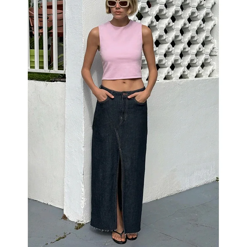 봄 여름 신상 여성 패션 미국 캐주얼 라운드 넥 민소매 숏탑 다용도 출퇴근 스타일 슬림 핏 폴리에스터 섬유