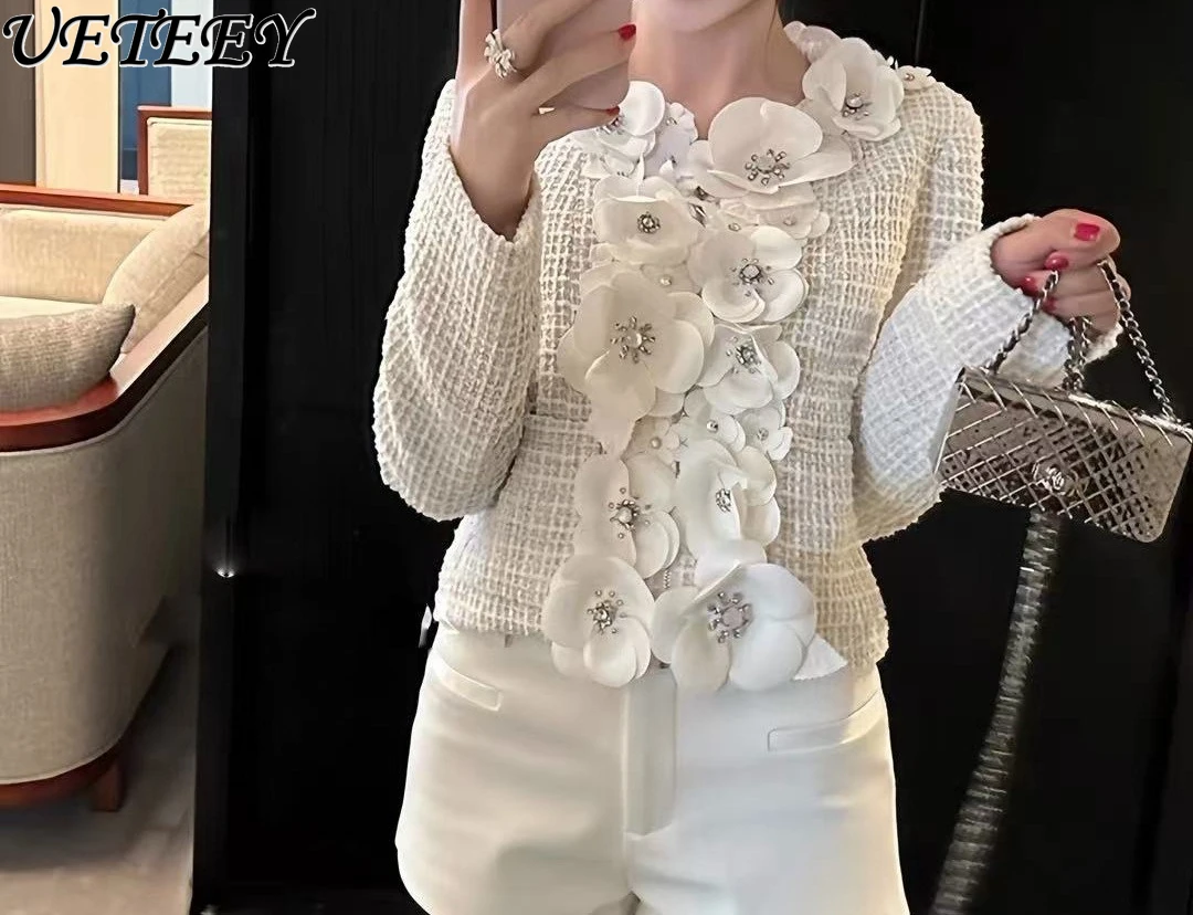 

2025 Autumn New Heavy Tweed Jacket Three-Dimensional Flowers Slim Fit Socialite Elegant Woolen Coat Solid Fashion Women Clothing