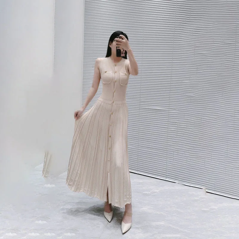 

EACA 2025 Summer New Women's Korean Aromatic Hollow Tank Top Skirt Slim Fit Round Neck Sleeveless Long Knitted Dress