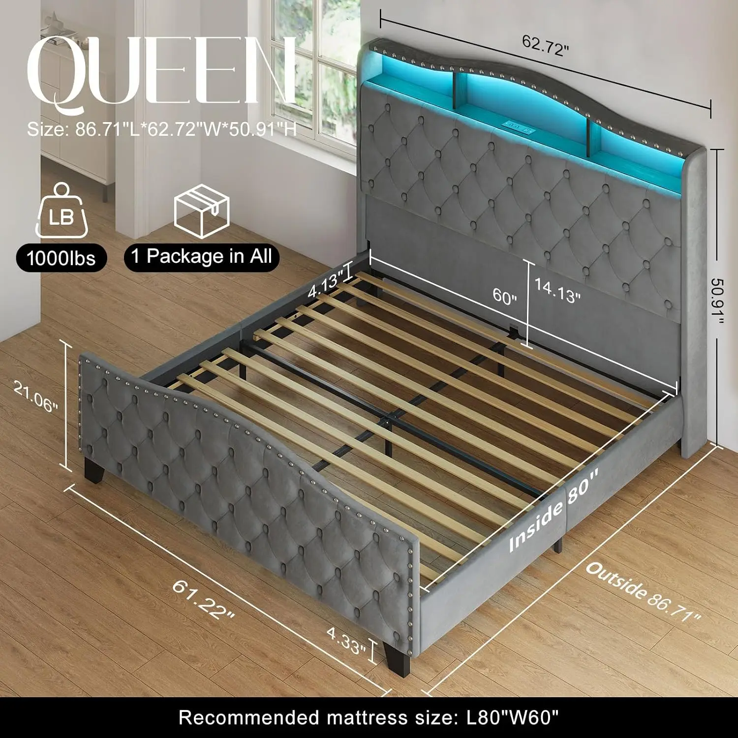 Queen Size Platform Bed Frame with 50.9" LED Headboard, Grey, Customized - view 2