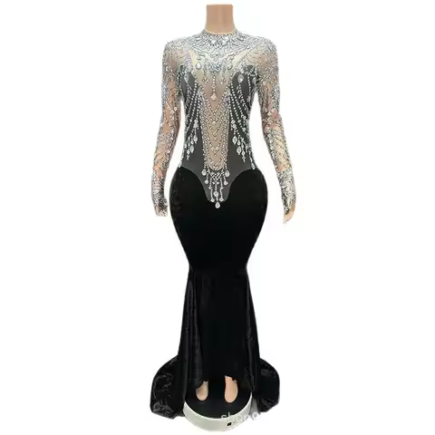 Vintage Court Style Black Velvet Rhinestone Dress Annual Meeting Women's High-end Dress Singer Fashion Singing Clothes Robe F&ecirc;te