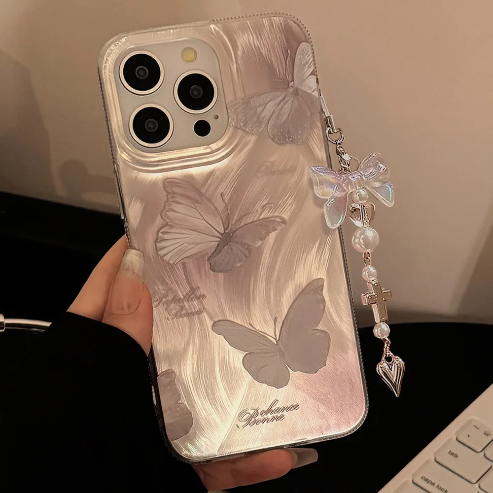 Cartoon butterfly laser blingbling shiny pendant bow cool imd phone case for iphone 11 13 promax 14 plus 12 15 16 pro max cover