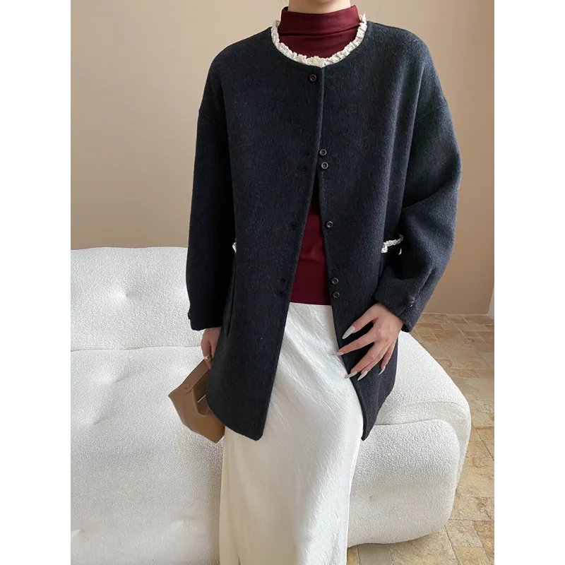 French Lace Round-neck Wool Blended Double-sided Tweed Coat Women Fashion Simple Sweet Long-sleeved Warm Autumn Winter Lady Coat