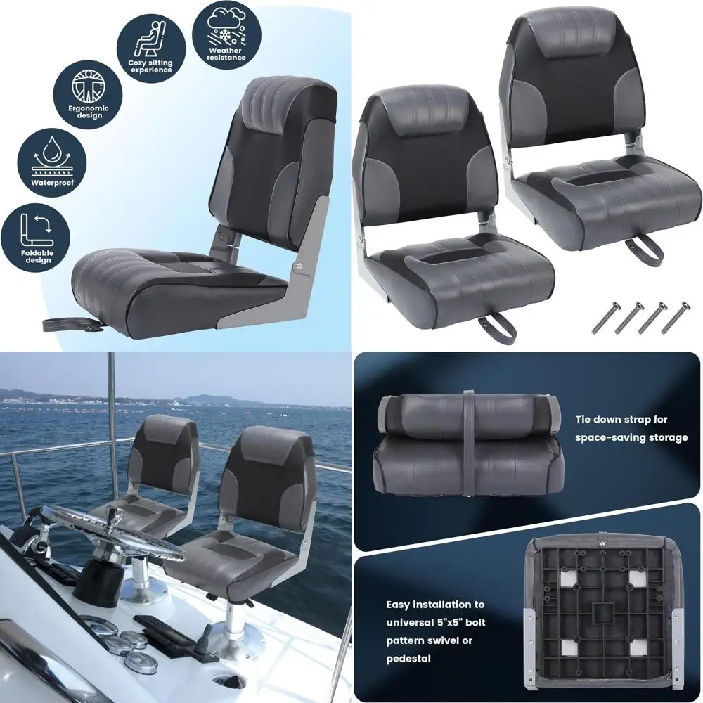 

Compact Folding Boat Seats - 19x16.5 Cushioned, Waterproof Chairs for Bass Trackers, Sightseeing, and Speedboats (Low-Black Gray