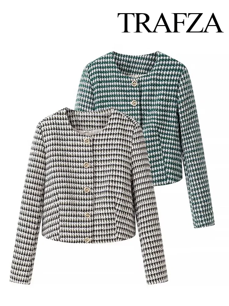 

TRAFZA женский модный пригородный пиджак с круглым воротником, однобортный декор, осенняя женская повседневная текстурированная куртка с карманами, уличная одежда